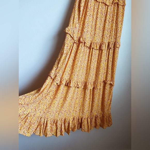 Ivy Street Floral Ditsy Print Yellow Tiered Maxi Dress Bow Tie Square Neck Flowy - Picture 6 of 11